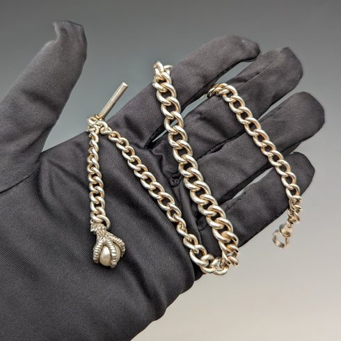Circa 1910 British Antique Sterling Silver Albert Chain 44g Claw & Bowl Fob